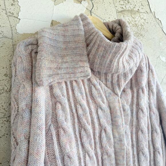 Vtg Cable Knit Sweater Jacket Attached Scarf Shawl Collar Pink Bomber Womens M - Picture 3 of 14